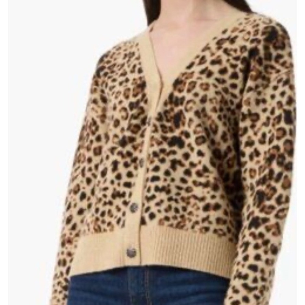 Robert Rodriguez Leopard Print V-Neck Cardigan Sweater Tan Brown Size M
